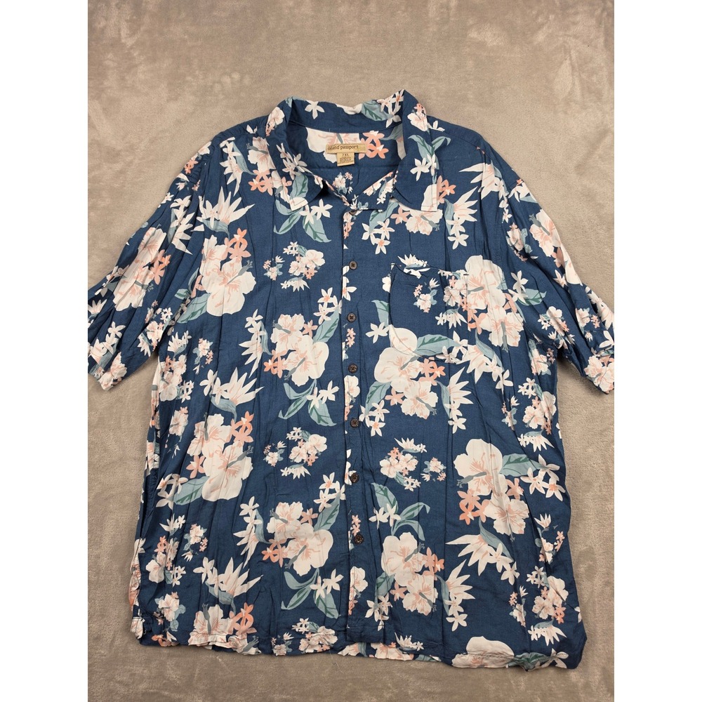 Island Passport Button Up Shirt Mens 2XL Blue Floral Rayon Short Sleeve Pocket